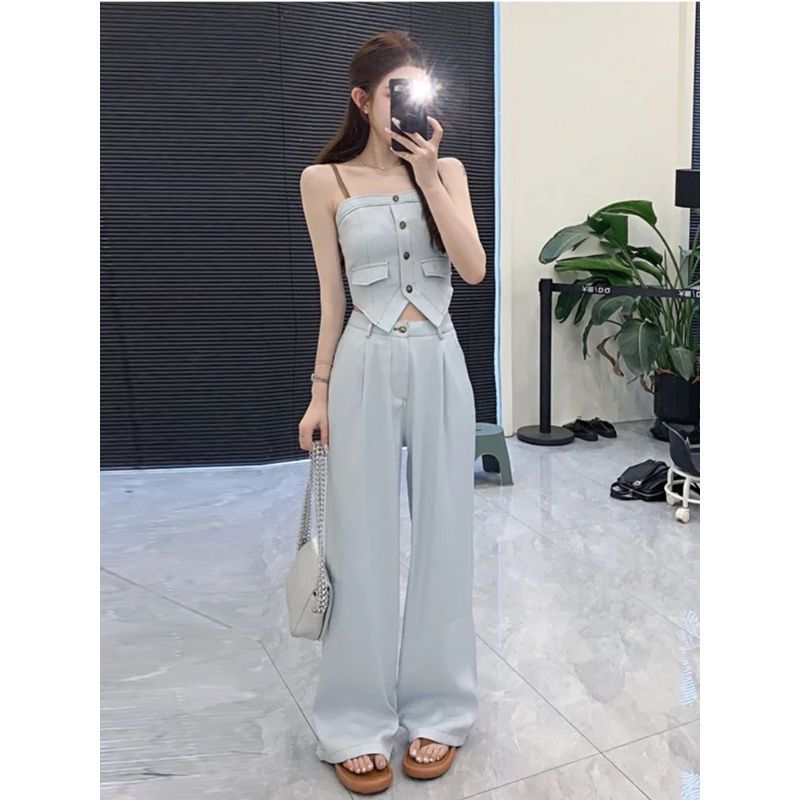 [Seckill trong thời gian có hạn] Bộ đồ hai mảnh màu xanh nhạt Phiên bản Hàn Quốc Slimer Cao cấp trông sang trọng hơn Áo Vest nữ eo cao rộng