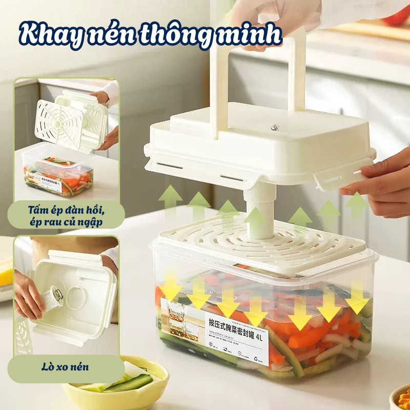 (Sẵn) Hộp Muối Dưa Cà HomeMate 5L Nén Tự Động Kín Khí, Hộp Ngâm Kim Chi Cà Pháo Kiệu Thực Phẩm An Toàn