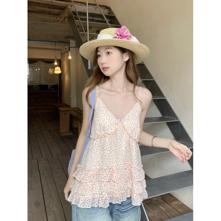 SUXI Áo sơ mi yếm xù chấm bi nhẹ nhàng phong cách mới mùa hè dành cho nữ 260507