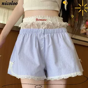 Quần Short Eo Co Giãn NICOLOO, Quần Short Sọc Xanh Gothic Hồng, Quần Legging Ren Nút Mùa Hè Dễ Thương Cho Nữ Cô Gái