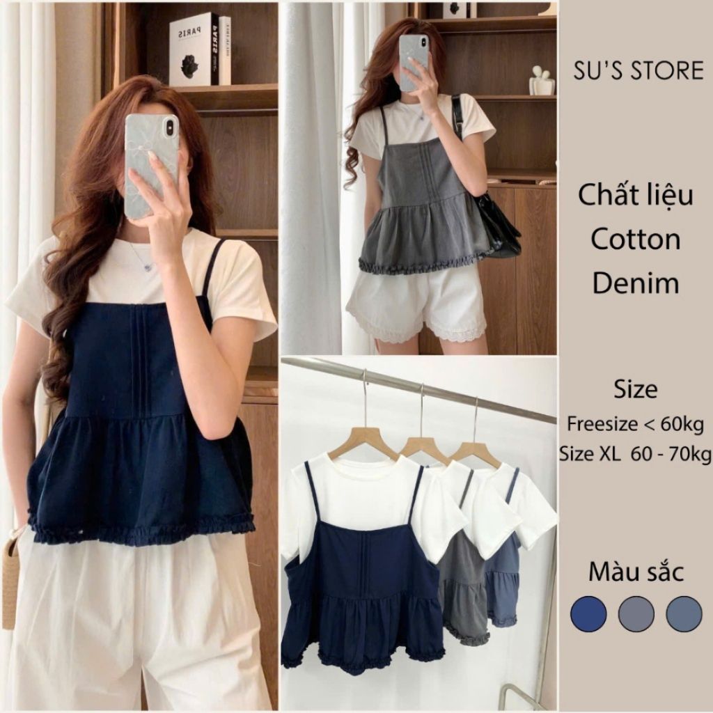 Set Đồ Nữ Áo Thun Trơn Cộc Tay Kèm Áo 2 Dây Xếp Ly Viền Bèo S800 Shees Thời Trang Nữ - SamHi Closet