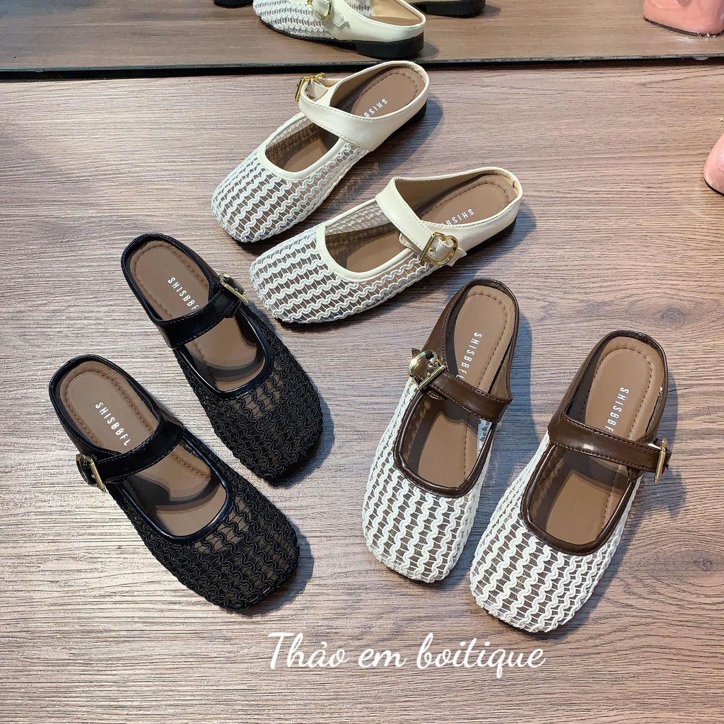 [Thảo Em - SL655] Sục lưới nữ đế bệt mũi tròn quai ngang phối khuy vàng [Sẵn Hàng].