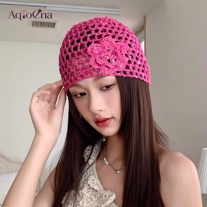 AqToCna Retro Thanh Lịch Đính Kim Sa Lấp Lánh Hoa Rỗng Mũ Chui Đầu Nữ Mùa Hè Thu Du Lịch Ảnh Bầu Không Khí Đa Năng Thường Ngày Y2K Dệt Beanies AqToCna