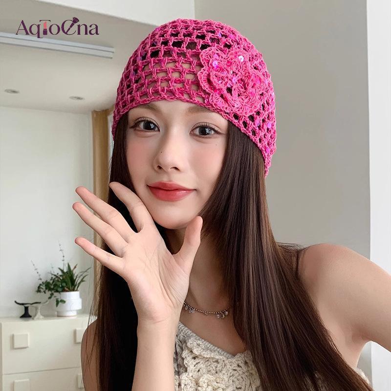 AqToCna Retro Thanh Lịch Đính Kim Sa Lấp Lánh Hoa Rỗng Mũ Chui Đầu Nữ Mùa Hè Thu Du Lịch Ảnh Bầu Không Khí Đa Năng Thường Ngày Y2K Dệt Beanies AqToCna