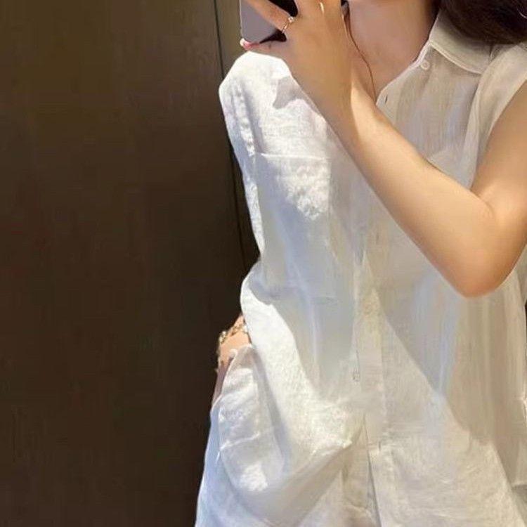 [Hàng mới về] Áo sơ mi không tay nữ + Quần short vải lanh Bộ đồ hai mảnh, Phiên bản thịt che rộng, Phong cách trắng tươi, Phong cách thường ngày thời trang mùa hè 2026