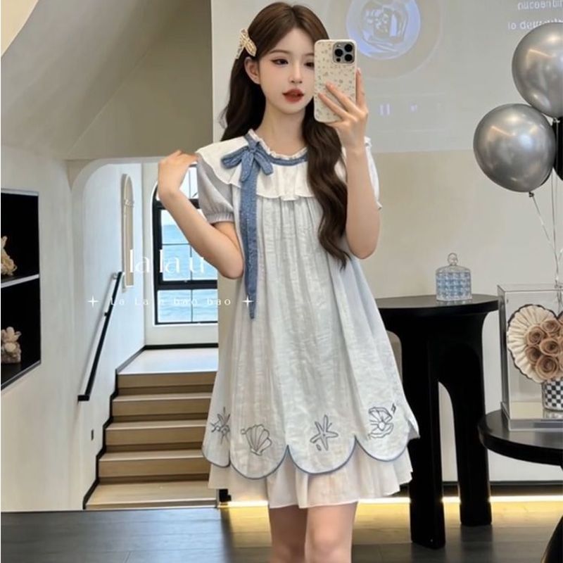 [Khuyến mãi trong thời gian có hạn] Phong cách Hàn Quốc ngọt ngào Preppy Phong cách Bowknot Puff Tay áo thiết kế Váy nữ mùa hè Phong cách mới dáng rộng mỏng hơn Váy ngắn