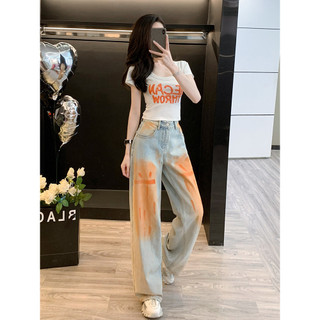 Bộ áo thun ôm dáng cổ chữ U in chữ nổi 3D và quần jean rách phong cách Mỹ Trẻ Trung cho Nữ mùa Hè