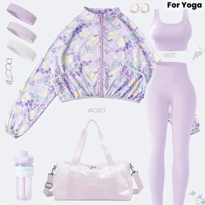 Bộ đồ thể thao thoáng khí màu tím gồm áo khoác dây kéo, quần legging và áo ngực khô nhanh
