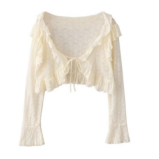 Áo khoác cardigan dệt kim tay dài cho nữ, mỏng, kiểu dáng suông, viền ren, tay lửng kiểu pagoda.