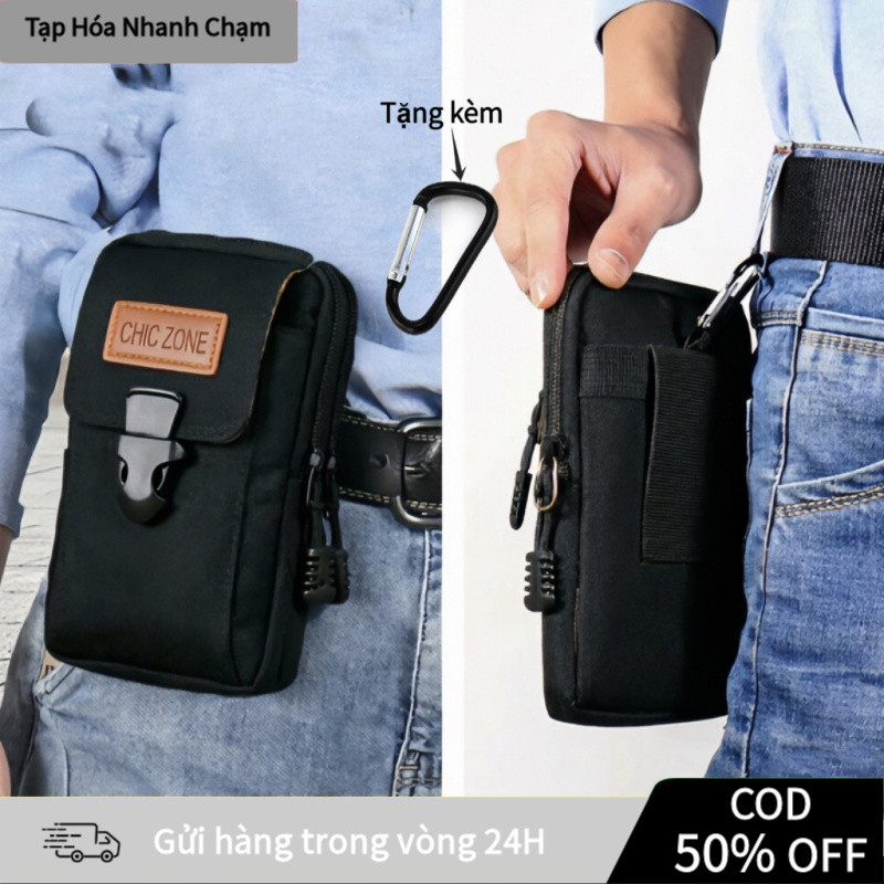 【COD】Túi đeo hông nam màu đen 3 ngăn kiểu dọc, chất liệu canvas, chống thấm nhẹ, đựng tiền điện thoại chìa khóa gọn gàng