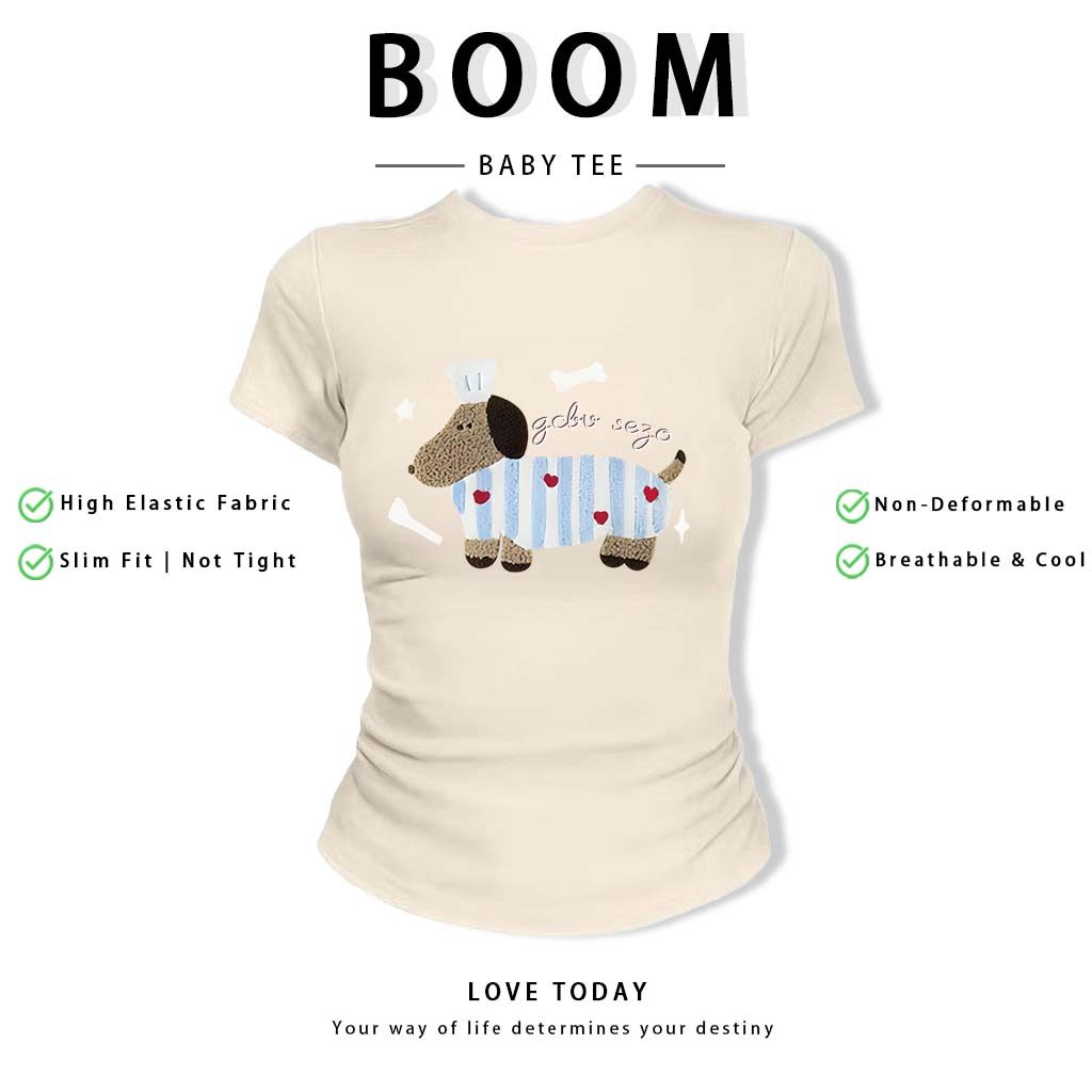 BOOM Áo Baby Tee Nữ Cotton Ôm Body-Áo Thun Ngắn Tay Y2K In Hình PhongCách Mùa Hè, Cổ Tròn Hàng Đầucách hàn quốc phongR20