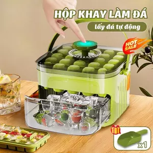 Hộp Khay Làm Đá Viên Thông Minh Nhấn Tự Động, Khay Làm Đá Nắp Đậy Kín Có Tay Cầm Tiện Lợi Mang Đi