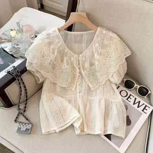 Áo sơ mi cotton kiểu Pháp thêu ren, short sleeves, hơi trong suốt - Perfect cho mùa hè