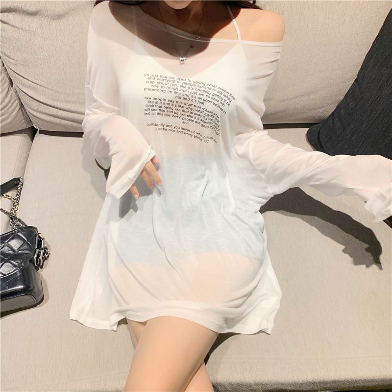 Milyfashion Mỏng Rời Gợi Cảm Nhìn Xuyên Qua Áo Sơ Mi Chống Nắng Top Mặt Trước In Hình Mặt Sau Áo Thun Dài Tay