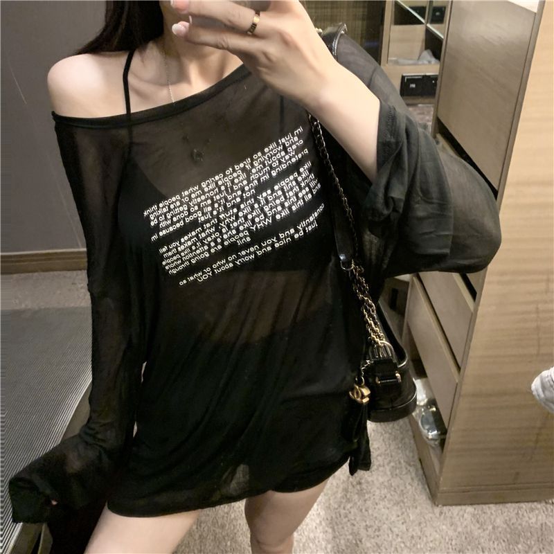 Milyfashion Mỏng Rời Gợi Cảm Nhìn Xuyên Qua Áo Sơ Mi Chống Nắng Top Mặt Trước In Hình Mặt Sau Áo Thun Dài Tay