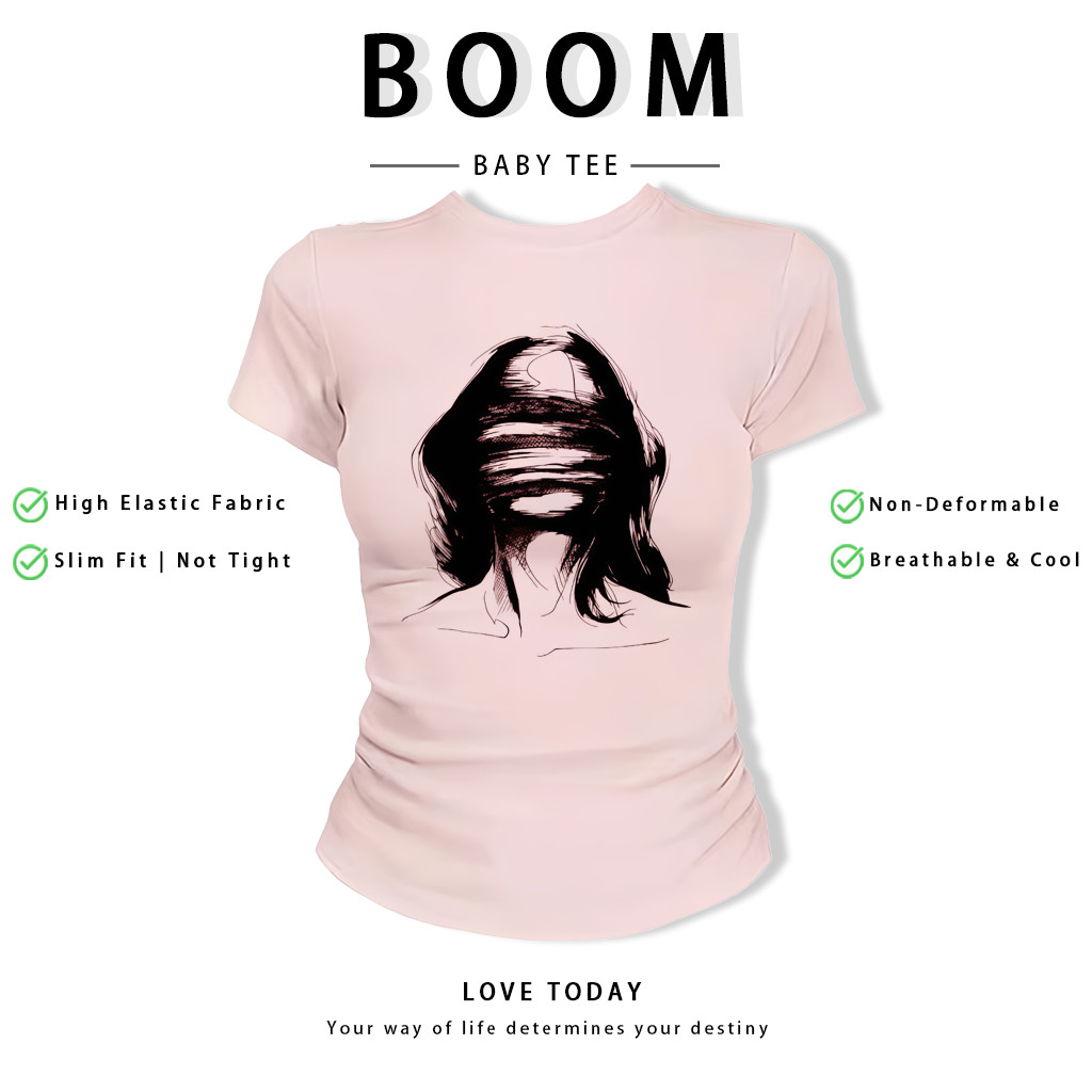 BOOM Áo Baby Tee Nữ Cotton Ôm Body-Áo Thun Ngắn Tay Y2K In Hình PhongCách Mùa Hè, Cổ Tròn Hàng Đầucách hàn quốc phongR43