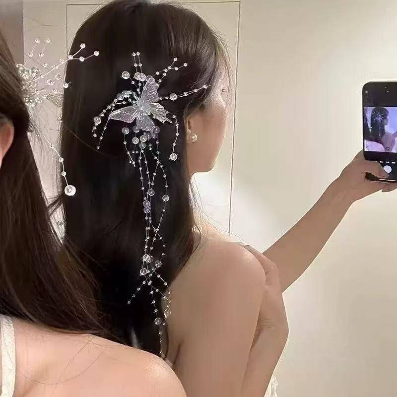 Kẹp tóc đính cườm bướm dài BT dành cho nữ, Phụ kiện tóc cô dâu thời trang [NUW]