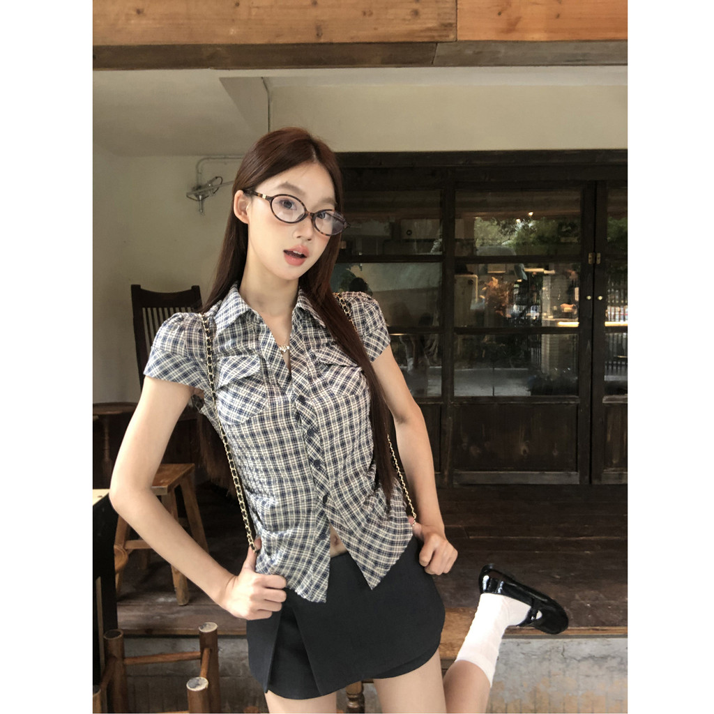 SUXI Áo sơ mi ngắn tay kẻ sọc cổ điển mới mùa hè dành cho nữ 260430