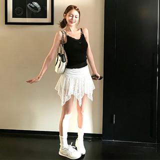 VM-Chân váy nữ ren cổ điển cạp cao, vạt bất đối xứng, đa năng và phong cách.