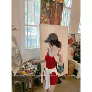 Phong cách mới Skinny khoe Hình Sling Dress Nữ Dây đeo bên trong Váy hông xếp li ngực