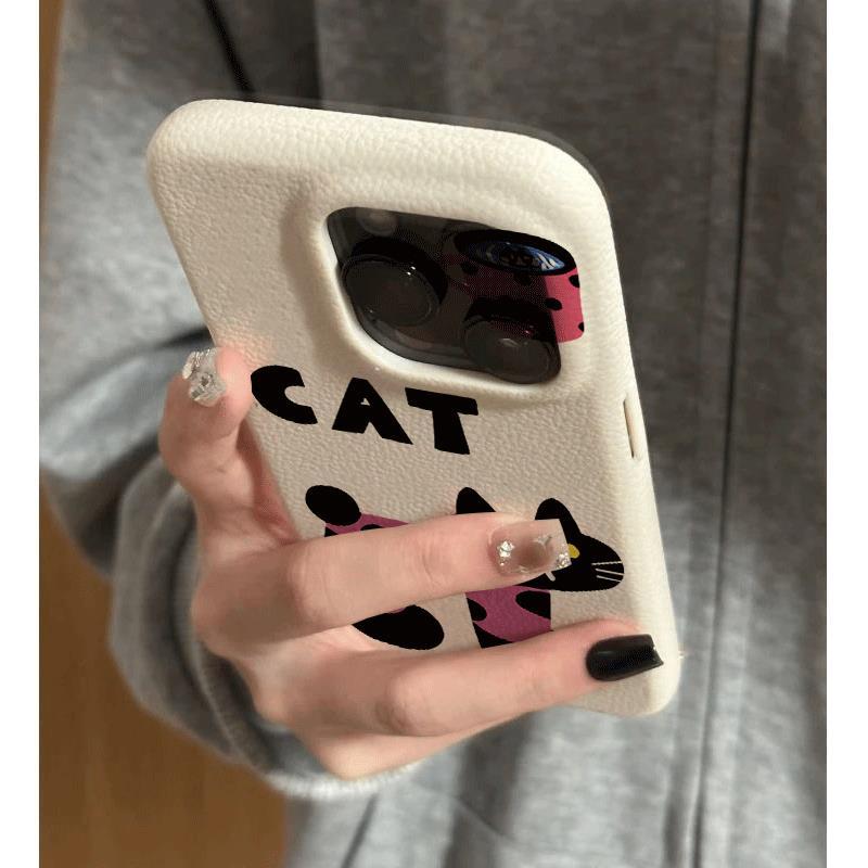 Màu hồng đen đánh vần mèo CATcho iPhone17promax trường hợp iPhone14/13/12giả da kết cấu