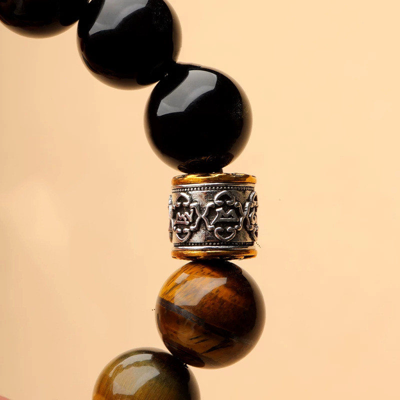 Vòng tay Obsidian mắt hổ tự nhiên Unisex - Hạt Mantra sáu chữ - Miếng đệm bạc trang trí công phu - Thủ công cổ điển dân tộc