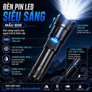 Đèn Pin LED Siêu Sáng Phóng To – Sạc USB, Thích Hợp Cho Các Hoạt Động Ngoài Trời Như Cắm Trại, Đi Bộ Đường Dài, Câu Cá