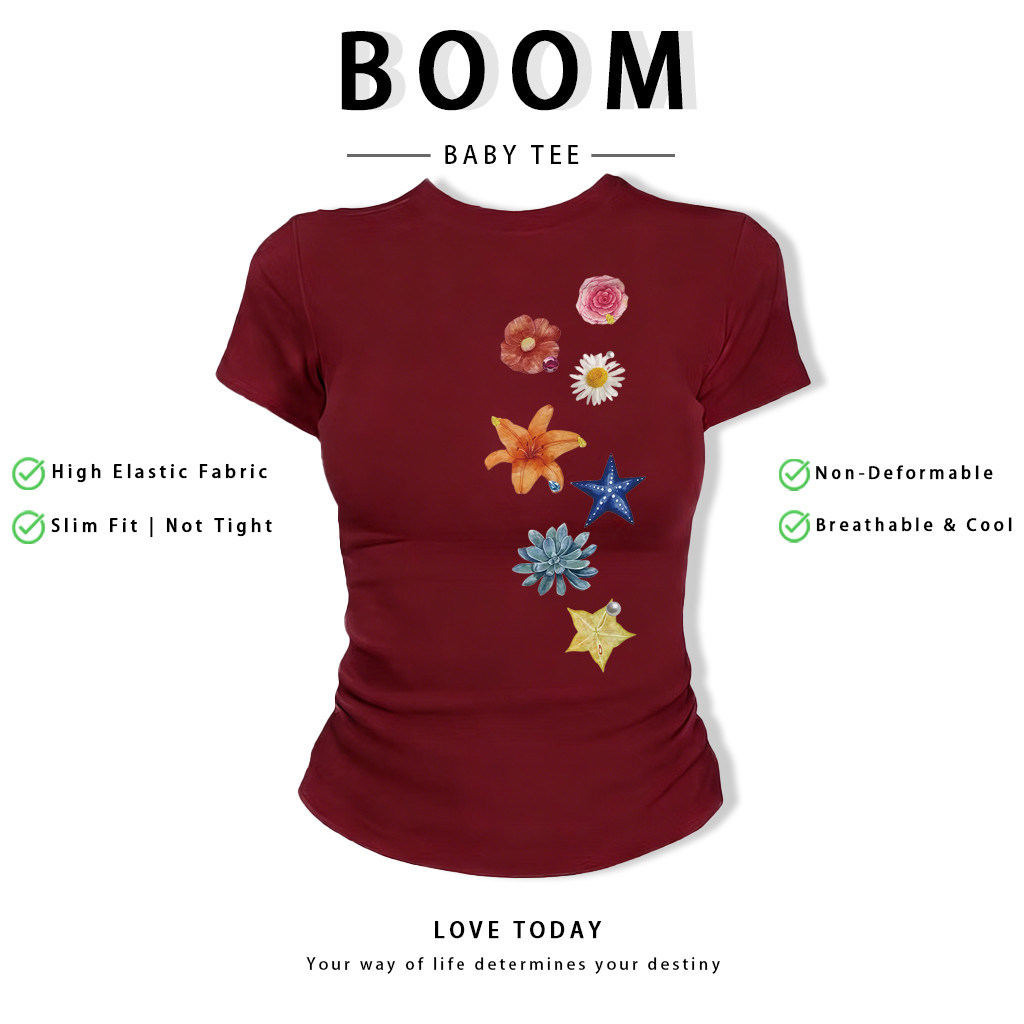 BOOM Áo Baby Tee Nữ Cotton Ôm Body-Áo Thun Ngắn Tay Y2K In Hình PhongCách Mùa Hè, Cổ Tròn Hàng Đầucách hàn quốc phongG36