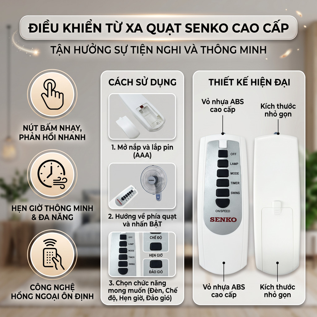 Điều khiển từ xa quạt Senko loại TR-828 chính hãng tặng pin Thay thế remote cũ bị hỏng, mất,Không có pin
