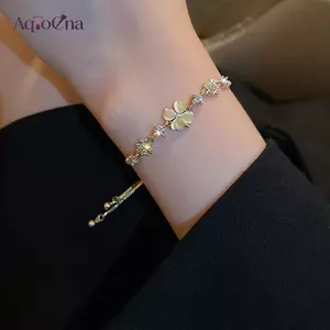 AqToCna Kim Cương Giả Opal Cỏ Ba Lá Có Thể Điều Chỉnh Vòng Tay Cho Nữ Thời Trang Mới Lấp Lánh Màu Vàng Vòng Tay Cưới Trang Sức Dự Tiệc Quà Tặng AqToCna