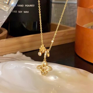 Vòng cổ nữ đính hoa bốn lá đá zirconia, mặt dây dài, phong cách sang trọng nhẹ nhàng