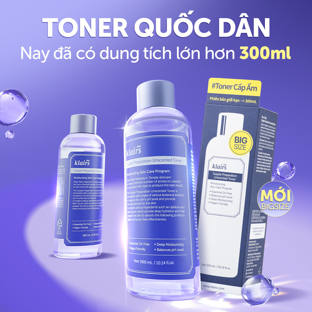[ĐQ] Nước hoa hồng Dear, Klairs Supple Preparation Unscented Toner 300ml