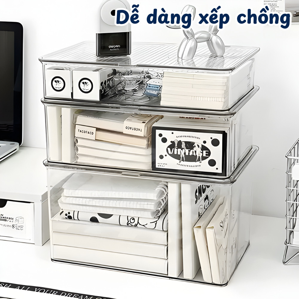 Hộp Nhựa Trong Suốt Có Nắp Đậy Kín HomeMate – Hộp Lưu Trữ Đồ Bàn Làm Việc Đa Năng, Xếp Chồng Tiết Kiệm Diện Tích