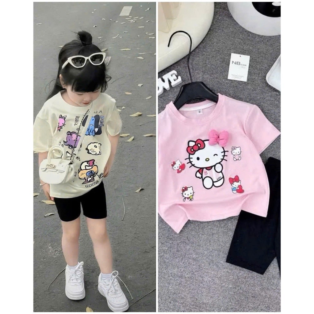 Sét Bé Gái HỌA TIẾT HÌNH THÚ MÈO HELLOKYTY K.Kid Bộ Mùa Hè Chất Cotton Mềm Mát size 8-20kg M99
