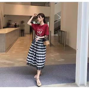 Mùa hè Phong cách mới Retro Thời trang eo cao thun eo chữ A Váy xếp ly sọc thêu hai mặt