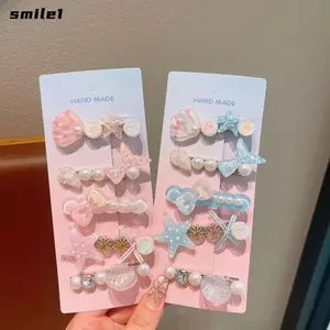 SMILE 5 Bộ Kẹp Tóc Nàng Tiên Cá, Kẹp Tóc Ngọc Trai, Sao Biển Dễ Thương Chủ Đề Đại Dương Phụ Kiện Tóc Công Chúa Mũ Đội Đầu Bé Gái
