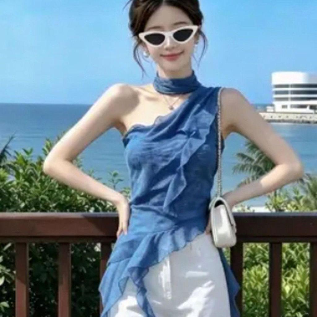 [Lấy điên cuồng có hạn trong thời gian] Mùa hè 2026 Phong cách mới Pháp Đẹp Ruy băng sang trọng Màu xanh không tay Áo sơ mi voan kỳ nghỉ bên bờ biển cay ngọt ngào