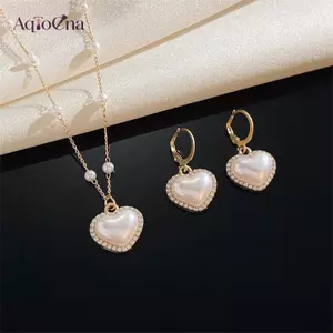 AqToCna Thời Trang Pha Lê Ngọc Trai Hình Trái Tim Trang Sức Thanh Lịch Bộ Nữ Pháp Mặt Dây Chuyền Nelace Thả Bông Tai AqToCna