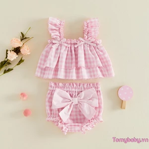 Trang phục mùa hè cho bé gái Áo không tay cổ vuông in hình dễ thương + Quần short nơ Bộ 2 chiếc