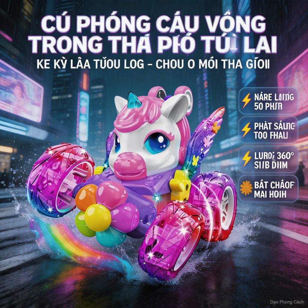 Xe thể thao xoay 360° Unicorn Kỳ Lân 4WD đèn LED – lật ngược không vỡ,sạc nhanh, 2.4G xa, quà tặng tuyệt cho bé gái