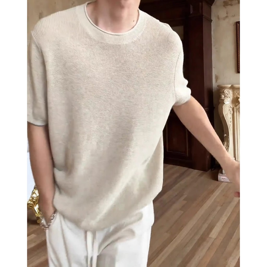 Phong Cách Tiền Cũ Vải Lanh Dệt Kim Tay Ngắn Nam Mùa Hè Mỏng Phong Cách Thoáng Khí Lười Top Kaki Cotton Vải Lanh Áo Thun PTKS
