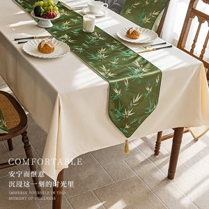 Khăn Trải Bàn Dài Họa Tiết Trúc Xanh Phong Cách Trung Hoa Sang Trọng Vải Jacquard Dày Dặn Cao Cấp Cho Bàn Ăn Bàn Trà