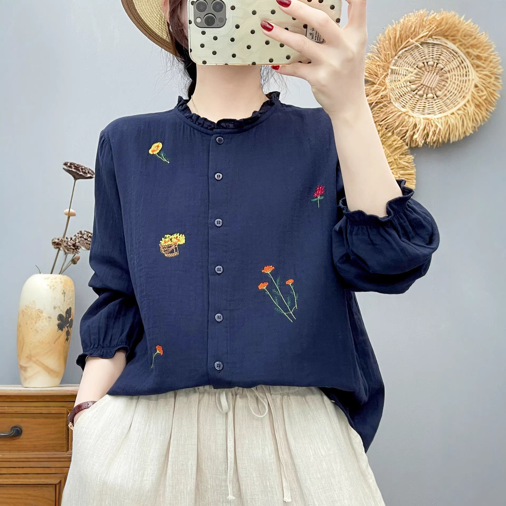 [Hàng có sẵn] Áo sơ mi Mori Art 100% Cotton, cổ thêu dài tay mềm mại, thoải mái