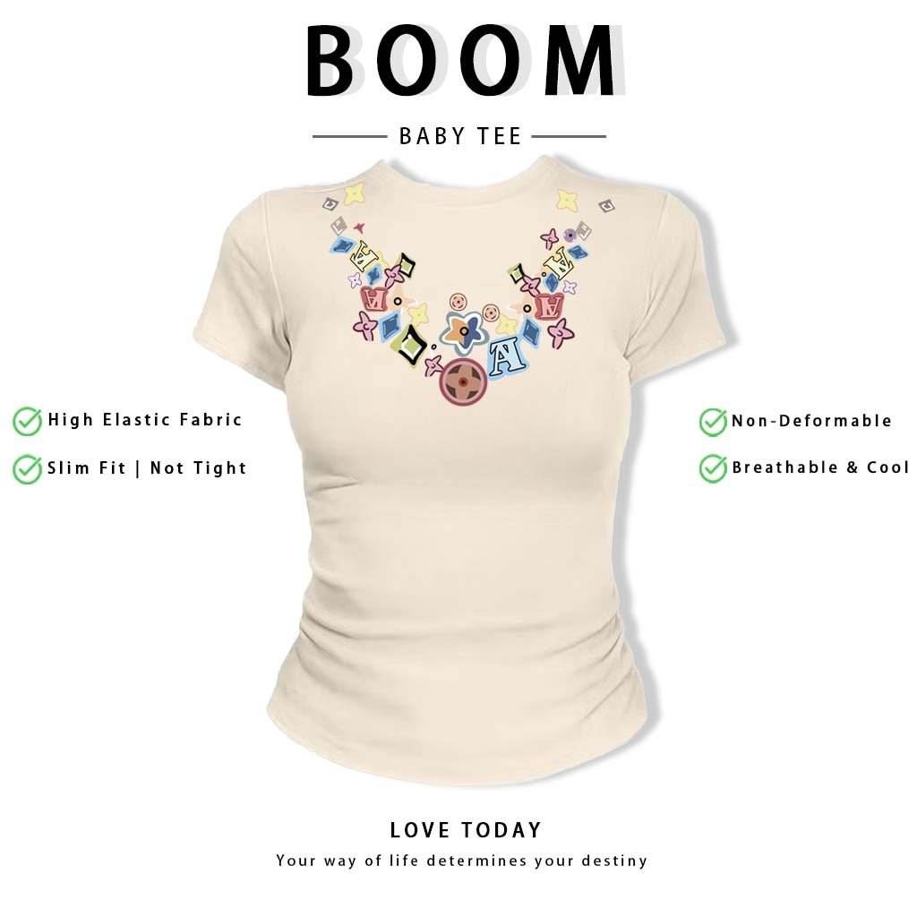 BOOM Áo Baby Tee Nữ Cotton Ôm Body-Áo Thun Ngắn Tay Y2K In Hình PhongCách Mùa Hè, Cổ Tròn Hàng Đầucách hàn quốc phongR13