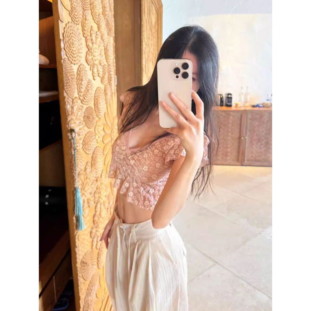 Milyfashion Gợi Cảm Lá Sen Tay Nhìn Xuyên Rỗng Ren Cổ Chữ V Sâu Rốn Mở Rộng T Mỏng Ngắn Top Bé tee Quần Áo Nữ