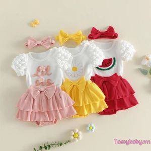 Bộ trang phục bé gái Áo liền quần ngắn tay thêu chữ / hoa + Quần áo xù cạp co giãn + Băng đô Bộ quần áo 3 chiếc