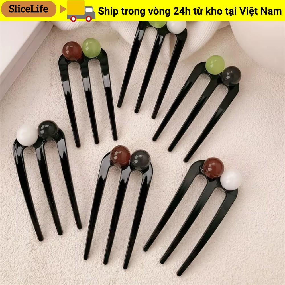Kẹp Tóc Hình Chữ U SLICELLIFE, Phụ Kiện Tóc Ba Răng Đính Hạt, Nhựa Chắc Chắn Vintage Meatball Đĩa Tóc