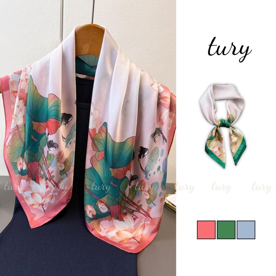 Khăn Lụa Unisex Nam Nữ 70 - Tury - Khăn Lụa Họa Tiết Hoa Sen Mùa Hè - KL083