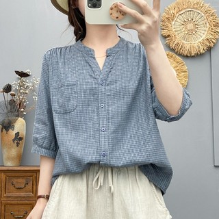 [Hàng có sẵn] Áo sơ mi nữ Cotton Cổ chữ V Kẻ sọc nhỏ tay vừa mùa hè Áo Skinny thường ngày mới