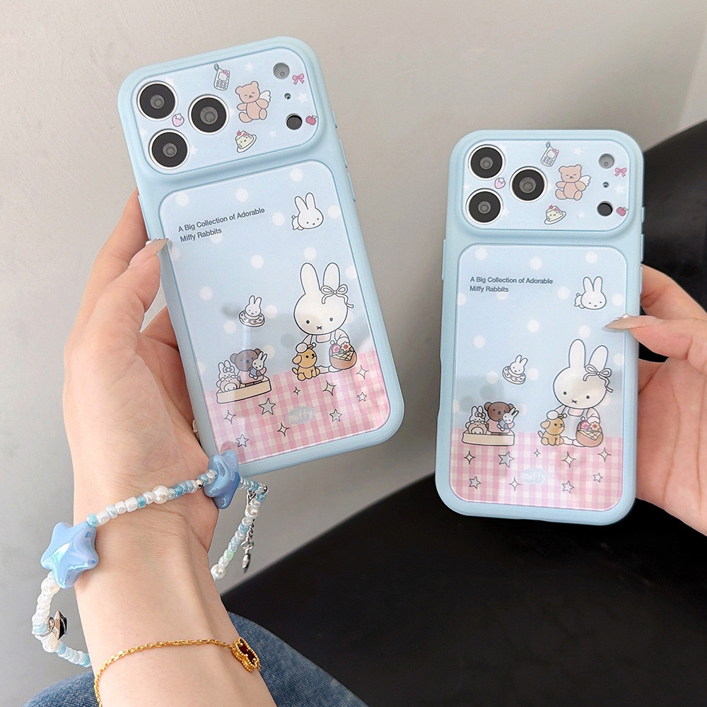 Ốp điện thoại Grid Rabbit + Chain Windows Acrylic cho iPhone 17 Pro Max 16 15 14 Vỏ bảo vệ chống sốc